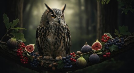 Obraz premium An owl perched on a branch adorned with figs and berries, set against a forest backdrop.