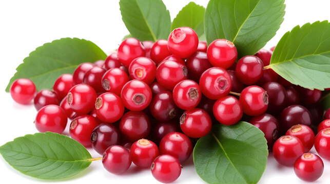 many fresh ripe branches of cranberries or cowberries with leaves isolated on white