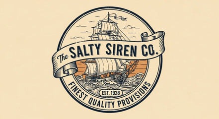 Vintage Salty Siren Company Logo Depicting a Sailing Ship and Provisions. © Bbap