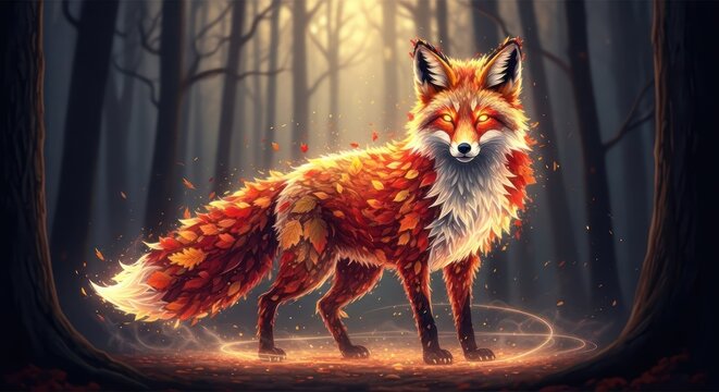 A mystical fox with autumnal fur stands in a forest, surrounded by a magical aura.