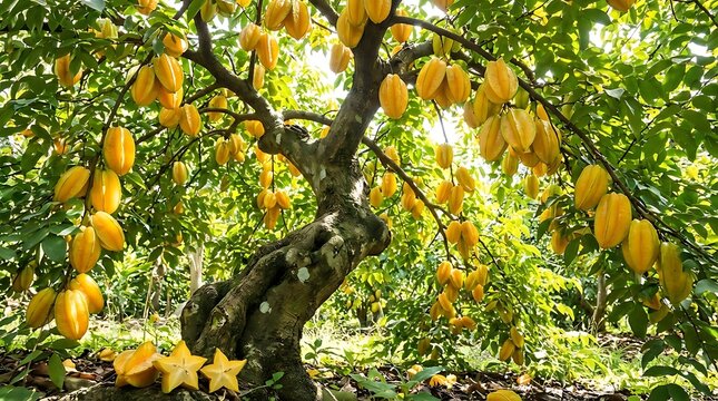 A lush starfruit tree covered with abundant bright yellow ripe carambola fruits ready to be picked in a tropical garden.
