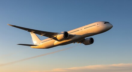 Obraz premium Elegant Modern Jet Airplane Climbing High Above Wispy Clouds During Sunrise