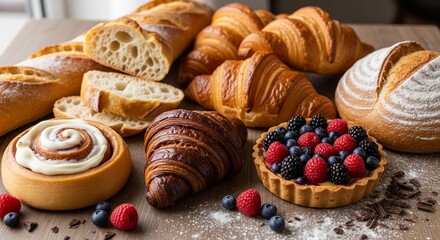 Fototapeta premium Artisan Breads, Flaky Croissants, Sweet Cinnamon Rolls, and Berry Fruit Tart.