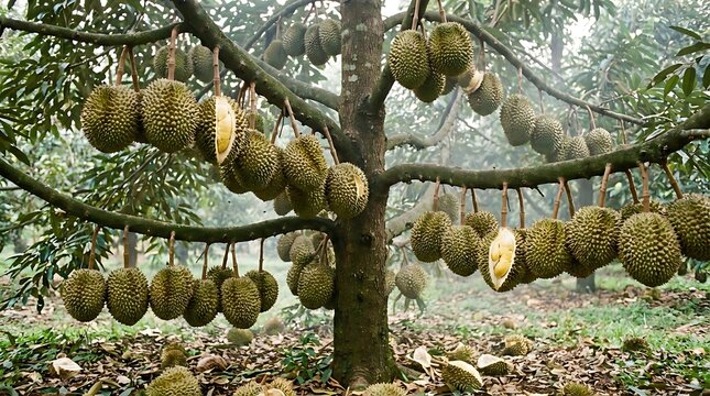 A tropical durian tree heavily laden with large spiky fruits growing directly on the trunk and branches in a plantation.
