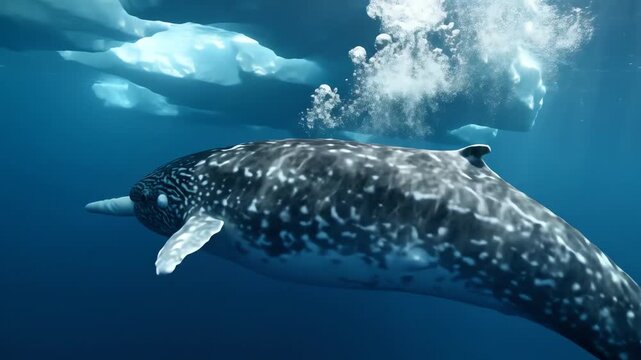 Underwater view of a narwhal, the unicorn of the sea, exhaling bubbles near the icy surface in its natural arctic habitat