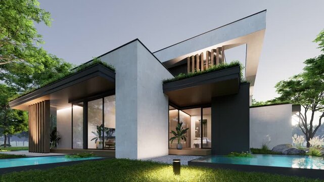 4K video rendering of two-story house with parking and pool for sale or rent with concrete facade and beautiful landscaping Clear summer evening with cozy light from window