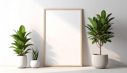 Fototapeta premium Minimalist frame mockup with plants against a white wall, casting shadows.