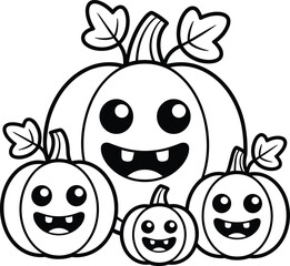 Obraz premium Cute Smiling Pumpkin Family Coloring Page for Kids, Halloween and Thanksgiving Harvest Season Line Art Illustration, Fun Autumn Activity Sheet, Printable Digital Drawing for Preschoolers