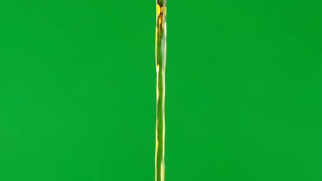 A continuous, viscous stream of golden liquid flows smoothly against a bright green screen backdrop. Ideal for compositing and adding a rich, fluid element to various projects.