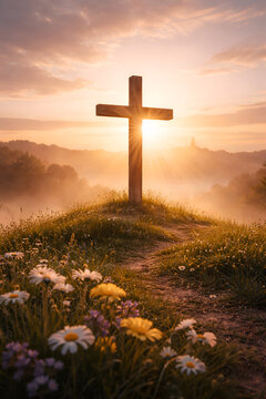 Golden Sunrise Cross on Hill &ndash; Cinematic Easter Resurrection Background Vertical