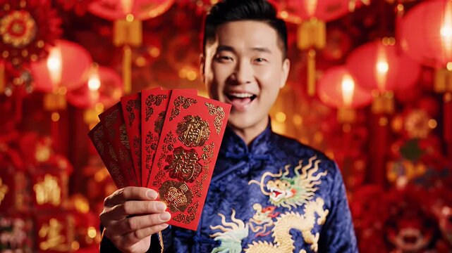 Portrait of an Asian man in a traditional blue Cheongsam holding up several red envelopes during Chinese Lunar New Year.