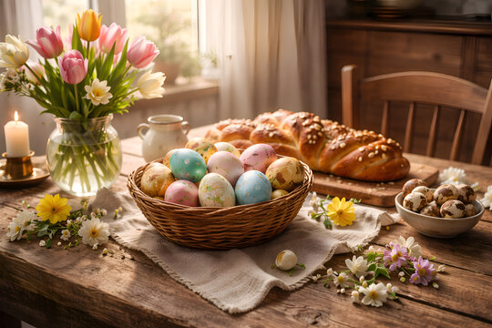 European Rustic Easter Table Setting &ndash; Traditional Spring Celebration Background