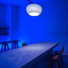 Futuristic Lounge with Blue Neon Lighting and Modern Furniture 미래지향적인 블루 네온 조명과 현대적인 가구가 있는 사이버펑크 스타일 라운지