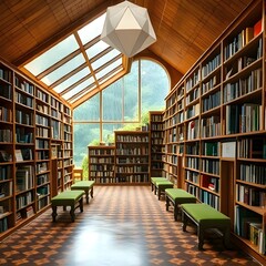 Modern Forest Library with High Ceiling and Large Glass Windows 숲이 보이는 전면 유리창과 높은 천장을 갖춘 현대적인 숲속 도서관