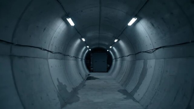 A deep, empty concrete tunnel illuminated by fluorescent lights, creating a mysterious and industrial atmosphere.