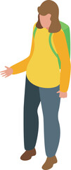 Fototapeta premium Female tourist showing something with open hand and backpack isometric icon