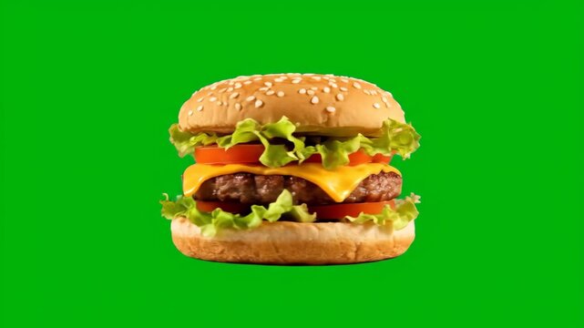 A delicious cheeseburger with a juicy patty, melted cheese, fresh lettuce, and ripe tomatoes. Isolated on green screen.