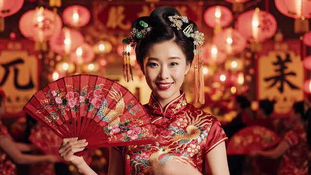 This is a portrait of a young woman wearing a traditional Chinese dress during the lunar new year holiday.