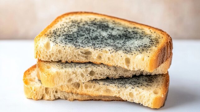 Stack of Mucked, Damaged Slices of Rotten Loaf with Hazardous Spoilage and Toxic Fungi Growth