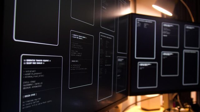 Close up computer monitors displaying fictional programming code and software development interface, technology workspace concept