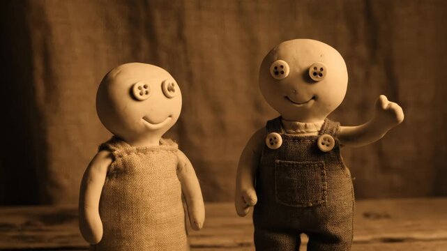 A delightful stop motion animation featuring two handcrafted clay figures with button eyes, smiling and winking.