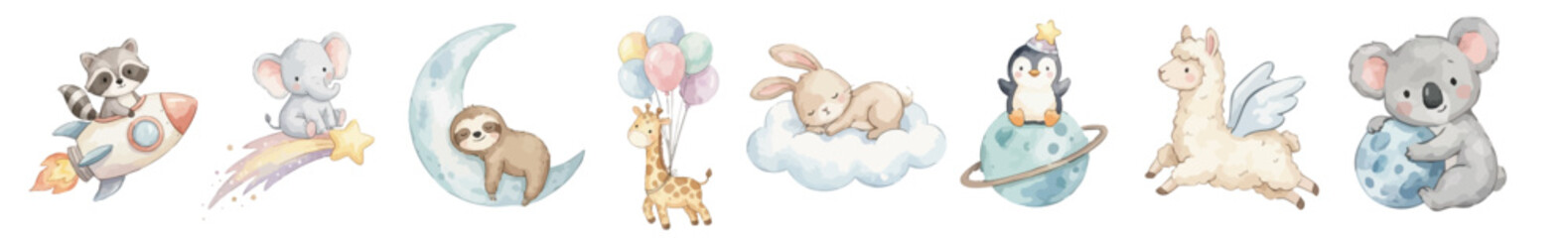 Cute watercolor galaxy set with rocket animals, sun, constellations and toys. Collection of Vector illustrations. Perfect for invitation, card, poster, banner, decoration © maria