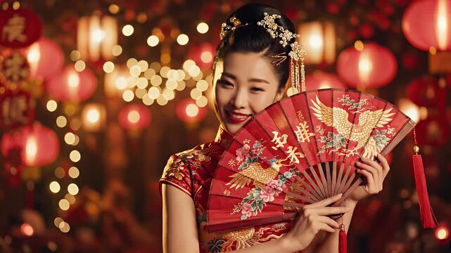 A beautiful woman in traditional Chinese dress smiles, holding an ornate fan during the Lunar New Year festivities. Red lanterns and bokeh lights create a festive backdrop for the celebration.
