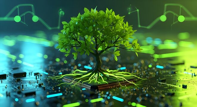 &Aacute;rbol que crece en el punto convergente de la placa de circuito de computadora.
 Computaci&oacute;n verde, tecnolog&iacute;a verde, TI verde, RSE y &eacute;tica de TI.
 Concepto de tecnolog&iacute;a verde.
 Tecnolog&iacute;a verde ambi