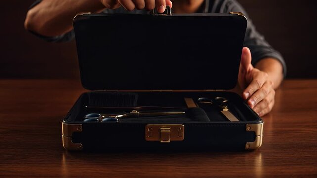 A person opens a black briefcase on a wooden table, revealing its empty interior, close-up view