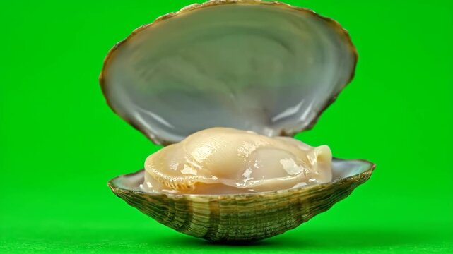 A detailed close-up of a clam opening its shell, revealing its delicate interior against a bright green screen.
