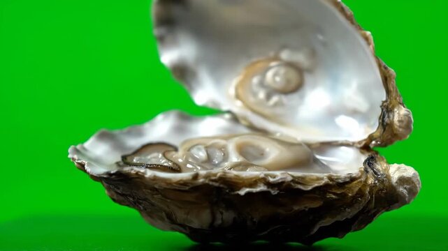 A detailed close-up of a fresh oyster opening on a bright green screen, showcasing the edible mollusk. The top shell is then carefully removed, leaving the delicious seafood ready.