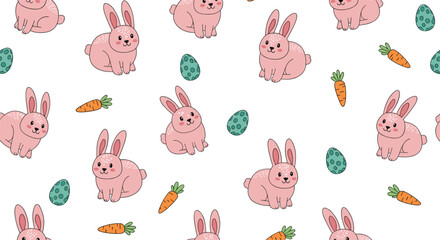 Obraz premium Cute Easter Bunny Seamless Pattern with Carrots and Decorative Eggs in Pastel Spring Cartoon Style for Fabric Wrapping Paper and Nursery Design Vector Illustration
