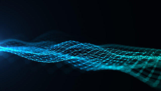 Abstract blue digital wave with connected dots and network grid lines, representing big data, AI technology, data flow, blockchain, and futuristic communication background. 3d Rendering