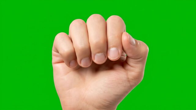 A detailed shot of a human hand clenching into a fist, isolated on a vibrant green background.