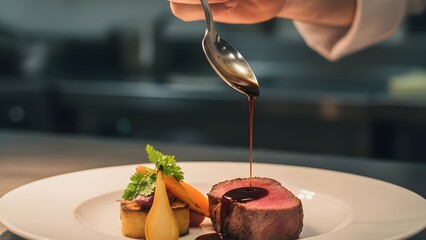 Chef Pouring Savory Sauce on Beef Steak for Gourmet Dining Experience 미식 다이닝 경험을 위해 소고기 스테이크 위에 풍미 있는 소스를 붓는 셰프의 손