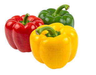 Vibrant trio of bell peppers in red, green, and yellow against a transparent background