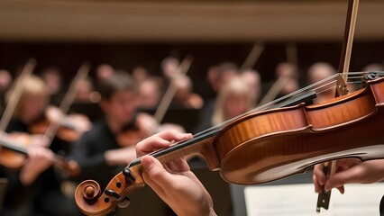 Professional Violinist Playing Solo in Orchestra for Classical Music Concert 클래식 음악 콘서트를 위해 오케스트라에서 솔로 연주를 하는 전문 바이올린 연주자