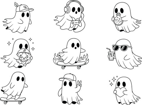 Cute Ghost Character Collection in Various Activities Including Gaming Skating Halloween Pumpkin and Summer Drinks in Adorable Outline Cartoon Vector Illustration Style