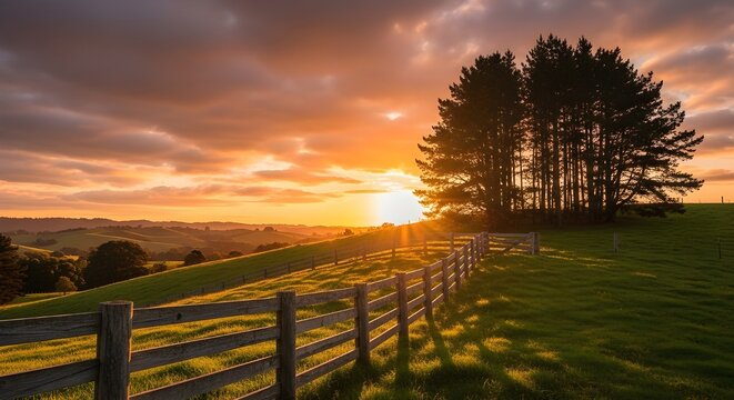 Paisaje pintoresco, rancho vallado al amanecer.