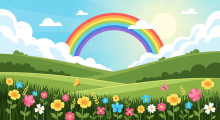 Naklejka premium Vibrant rainbow arches over lush green hills and colorful blooming wildflowers in a serene landscape with fluffy white clouds