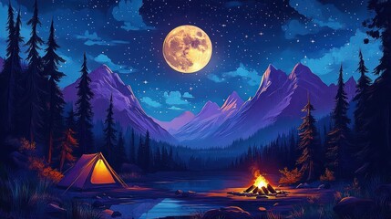 Glowing tent and crackling campfire by a mountain lake under a full moon and starry sky, tall pines and purple peaks creating a peaceful, awe-filled night