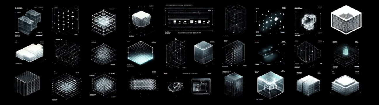 glowing holographic wireframe cubes and geometric data diagrams over black background, grid and lattice panels in a futuristic analytical mood