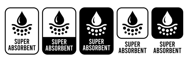 Fast absorbent or quick absorption icon set, label, logo, badge, banner, symbol, sticker, black, flat vector, isolated illustration. Quick dry, dermatology, absorb, fast absorbing water drop icons.