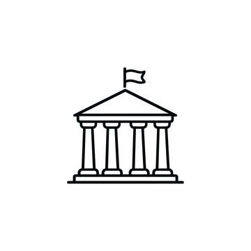 Government building icon black and white vector illustration of classical bank or museum with columns and flag