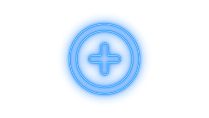Obraz premium Bright blue neon plus sign icon in a circular frame, glowing with vibrant electric light effect, symbolizing addition and positivity, isolated on transparent background.