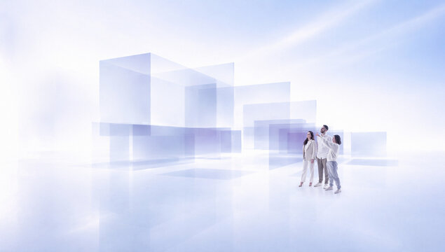 Futuristic composition three people standing near transparent building volumes in white abstract environment. Concept of real estate launch campaign and property investment marketing.