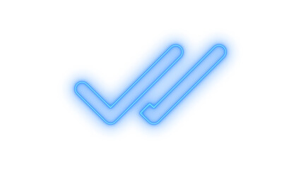 Obraz premium A vibrant blue neon double checkmark icon, brightly glowing to represent confirmation, successful completion, validation, and read messages in a sleek digital design, isolated on transparent backgroun