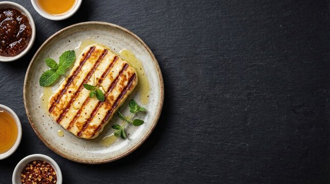 Grilled halloumi cheese with honey and mint top view on dark stone