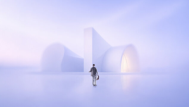 Atmospheric poster businessman approaching curved white building entrance in abstract architectural space. Concept of flagship property unveiling and landmark real estate launch.
