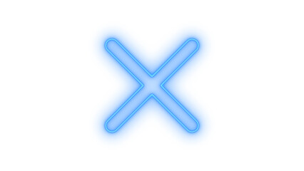 Obraz premium A bright blue neon glowing 'X' mark symbol, representing close, cancel, delete, or wrong, a modern illuminated graphic icon, isolated on transparent background.